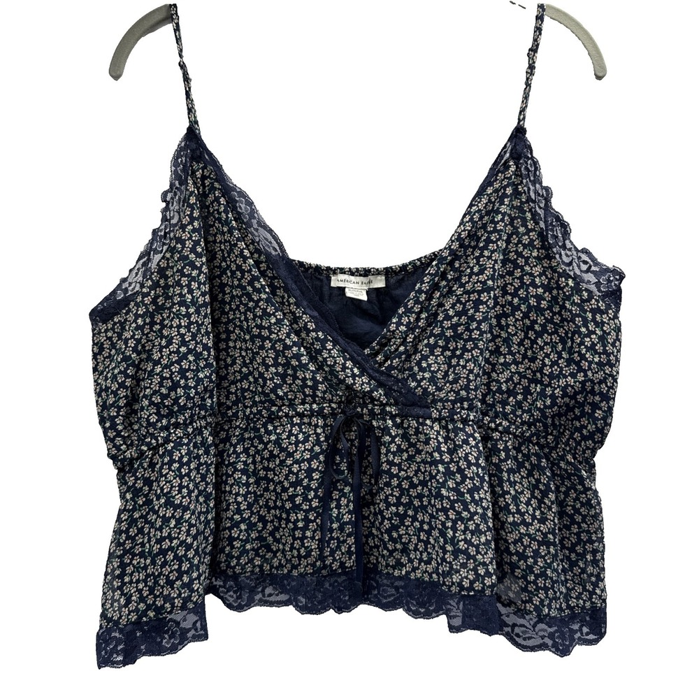 American Eagle Womens Cropped Babydoll Top Size XL Blue Floral Lace Y2K Pullover